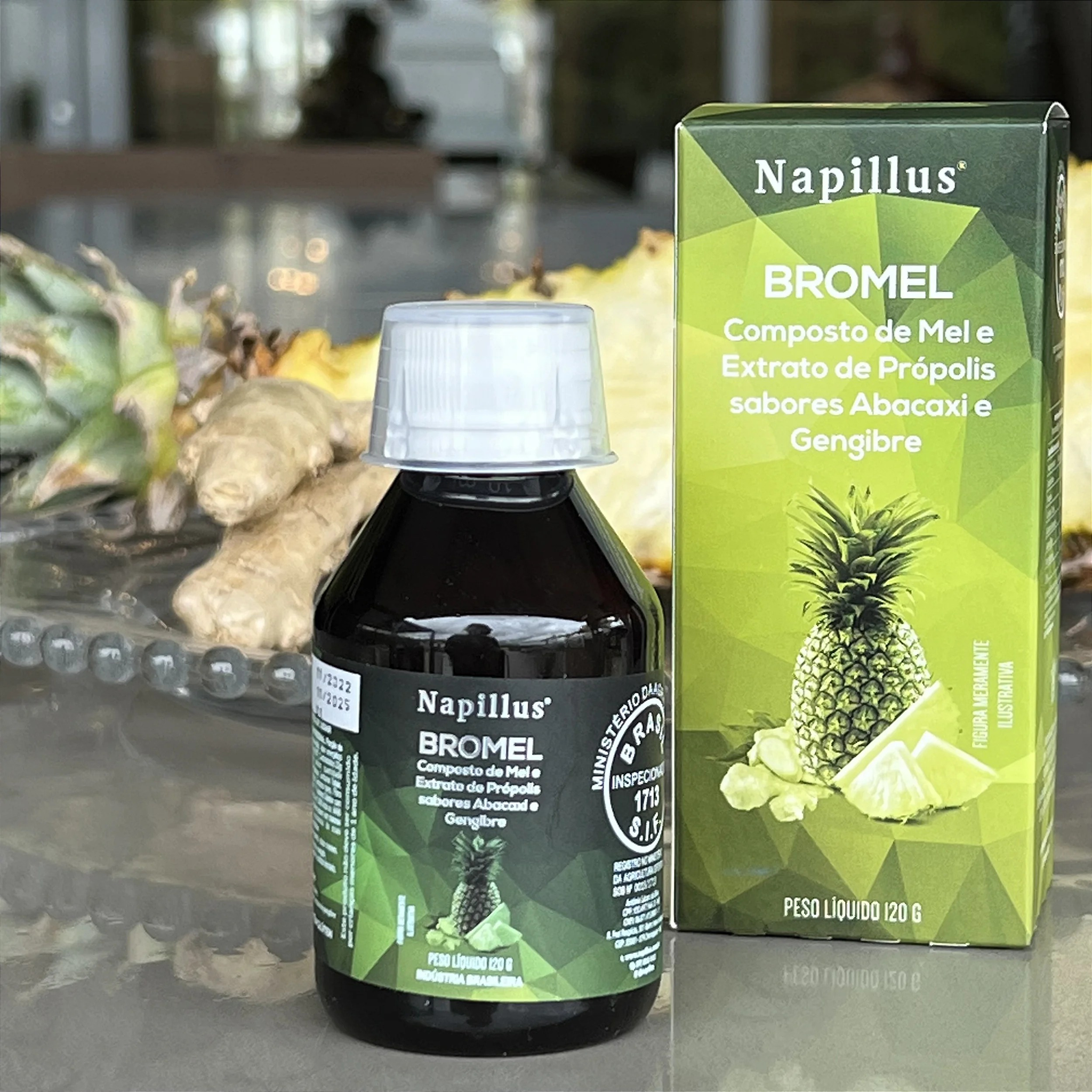 Bromel composto de mel e extrato de própolis, sabores abacaxi e gengibre