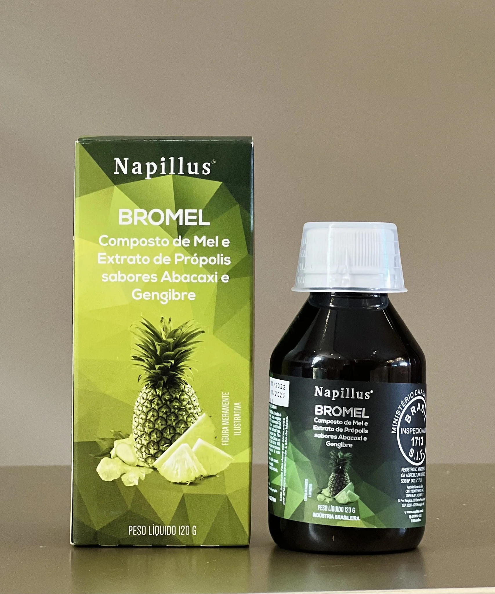 Bromel composto de mel e extrato de própolis, sabores abacaxi e gengibre