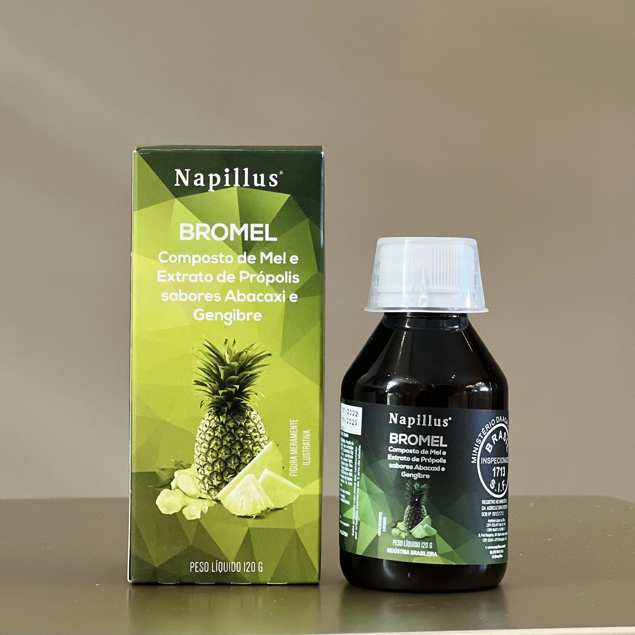 Bromel composto de mel e extrato de própolis, sabores abacaxi e gengibre