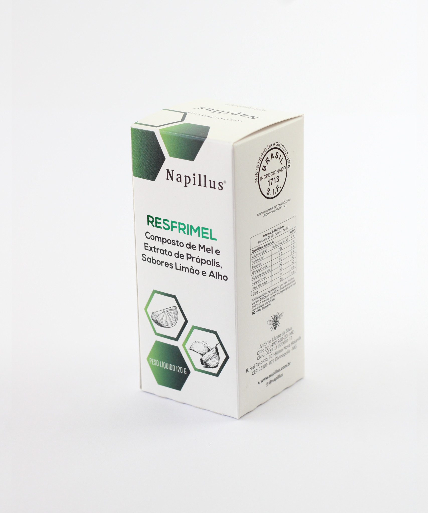 Resfrimel composto de mel e extrato de própolis, sabores limão e alho