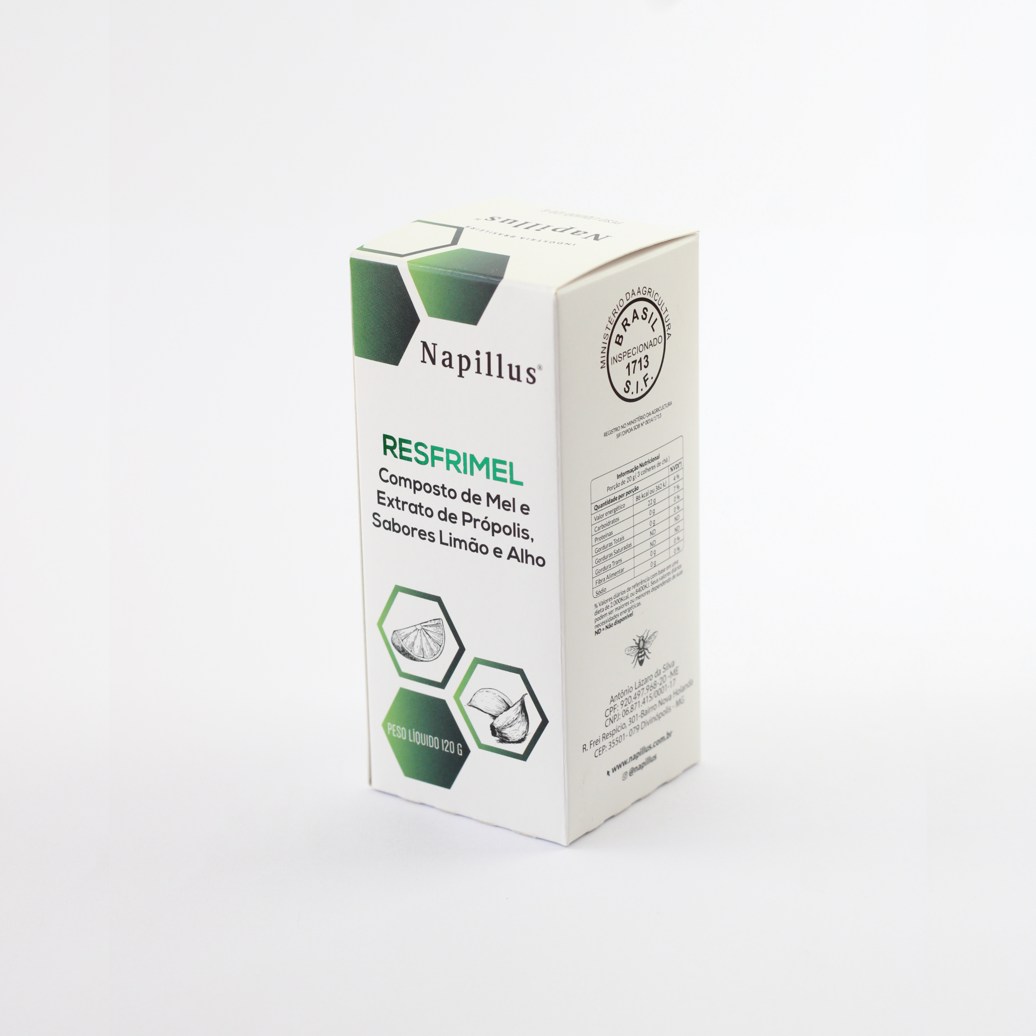 Resfrimel composto de mel e extrato de própolis, sabores limão e alho