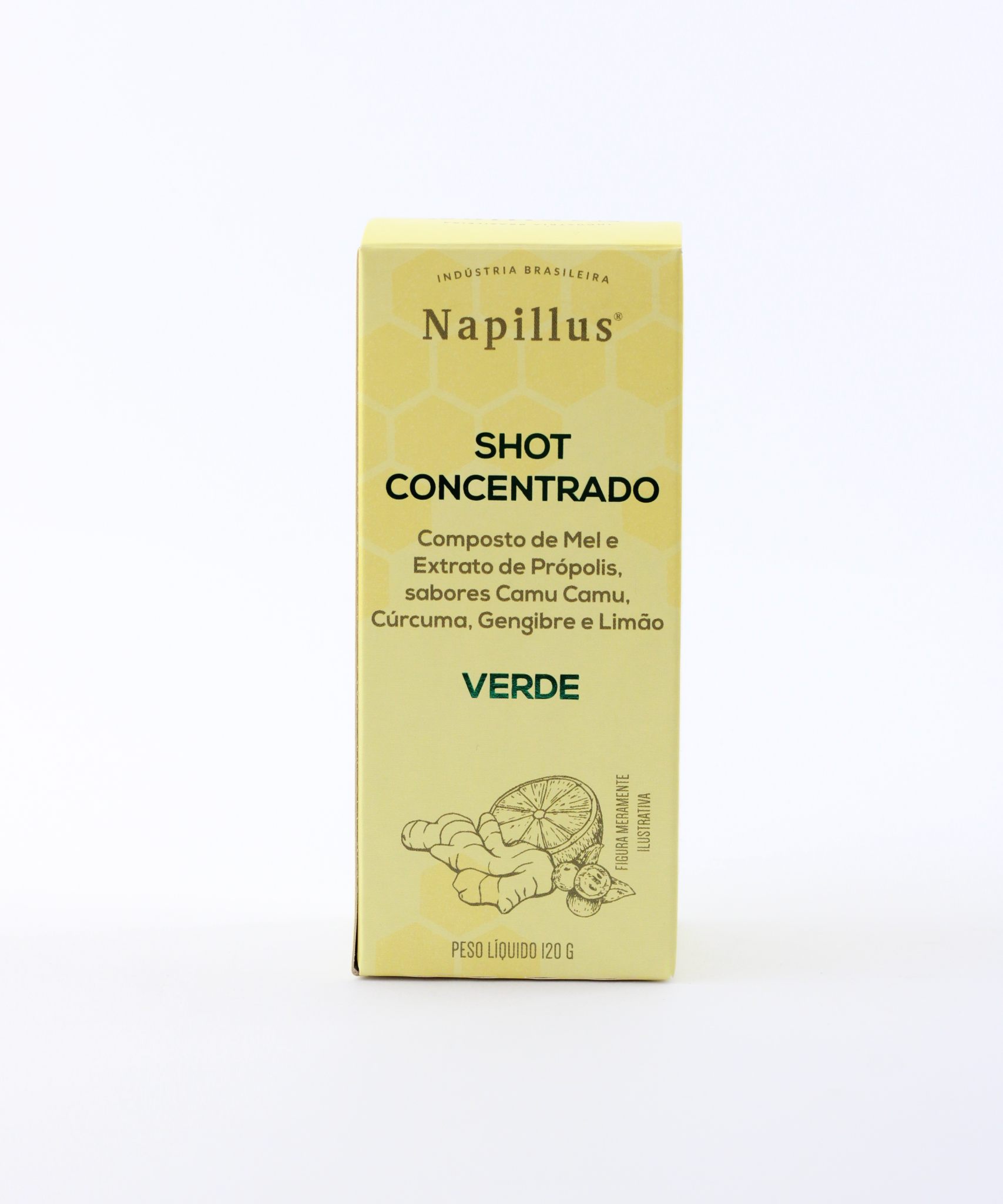 Shot concentrado composto de mel e extrato de própolis verde, sabores camu camu, cúrcuma, gengibre e limão
