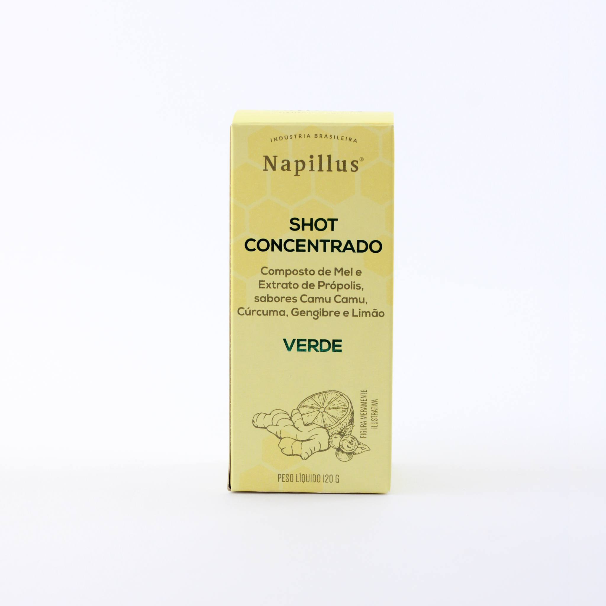 Shot concentrado composto de mel e extrato de própolis verde, sabores camu camu, cúrcuma, gengibre e limão