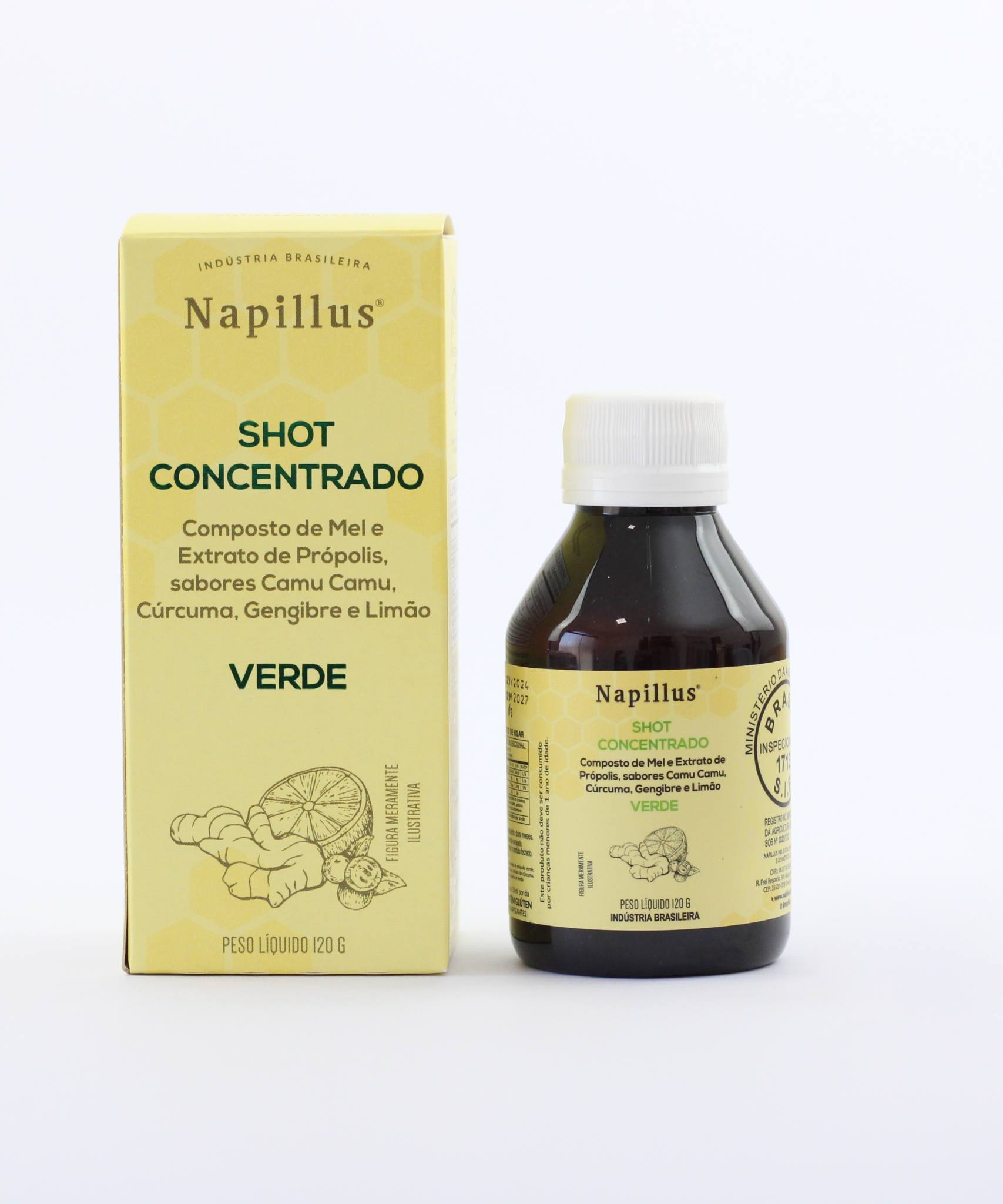 Shot concentrado composto de mel e extrato de própolis verde, sabores camu camu, cúrcuma, gengibre e limão
