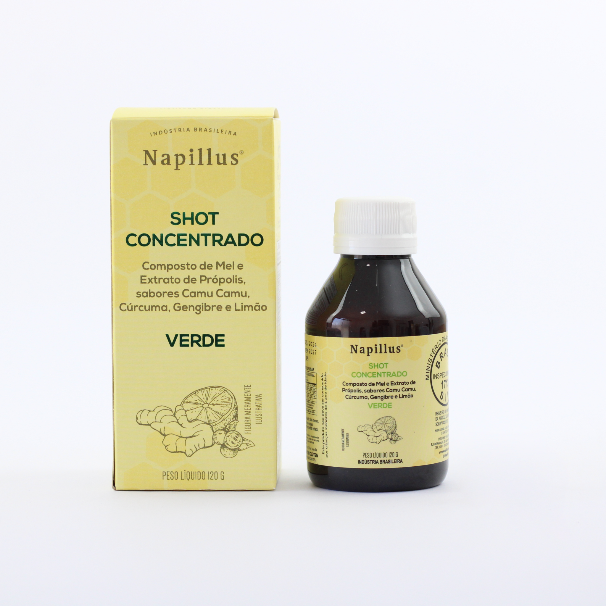 Shot concentrado composto de mel e extrato de própolis verde, sabores camu camu, cúrcuma, gengibre e limão