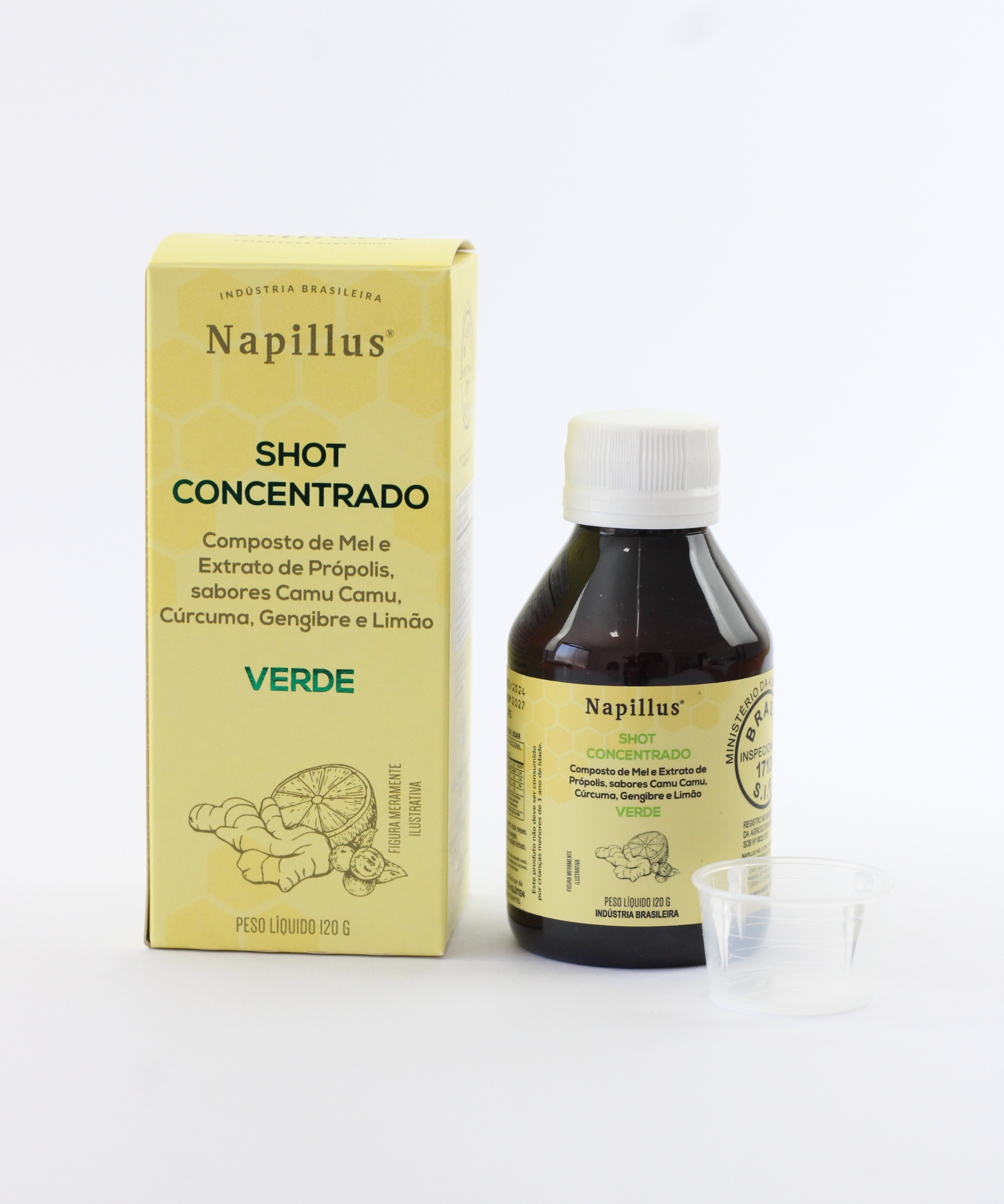 Shot concentrado composto de mel e extrato de própolis verde, sabores camu camu, cúrcuma, gengibre e limão