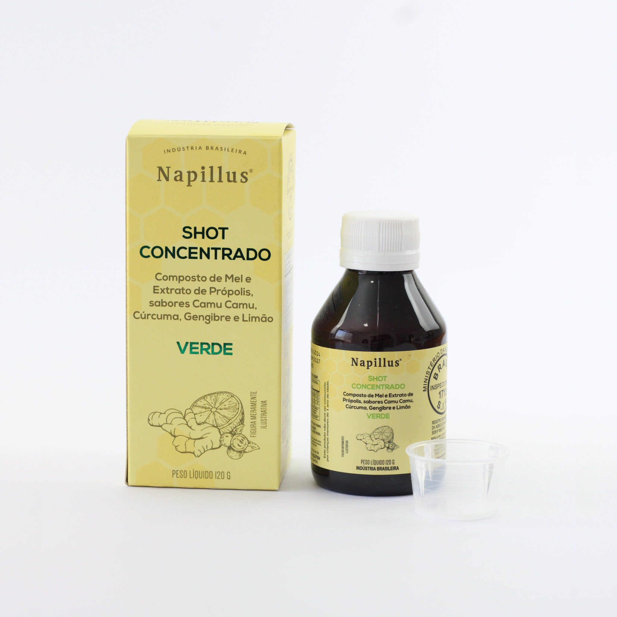 Shot concentrado composto de mel e extrato de própolis verde, sabores camu camu, cúrcuma, gengibre e limão