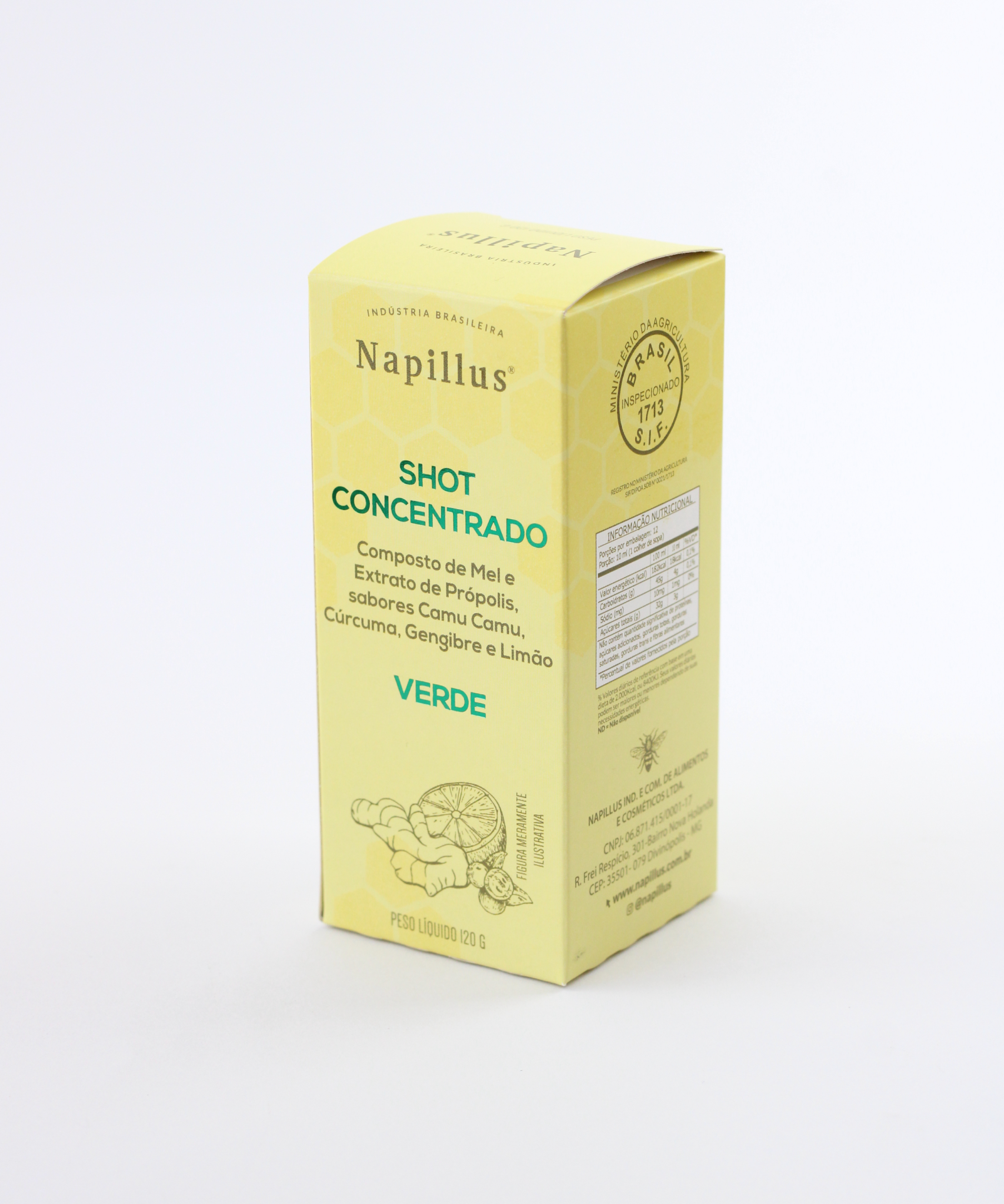 Shot concentrado composto de mel e extrato de própolis verde, sabores camu camu, cúrcuma, gengibre e limão