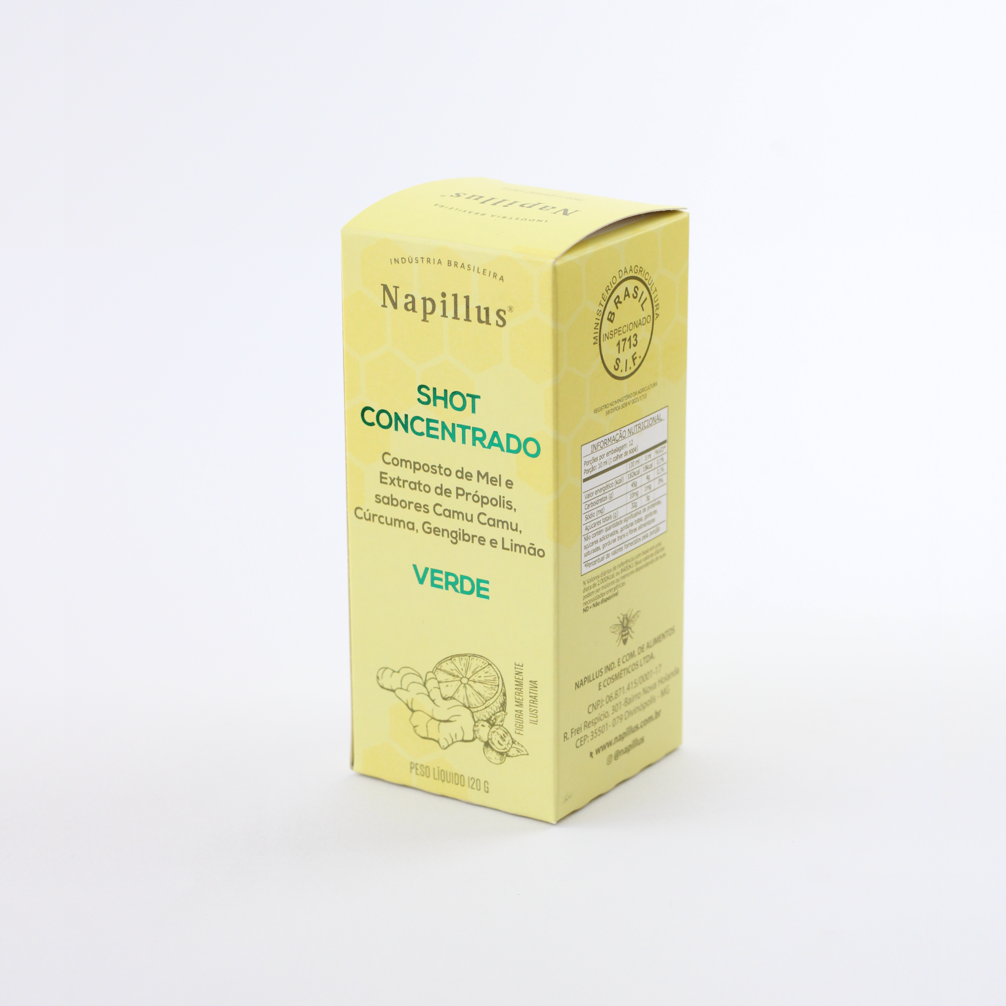 Shot concentrado composto de mel e extrato de própolis verde, sabores camu camu, cúrcuma, gengibre e limão